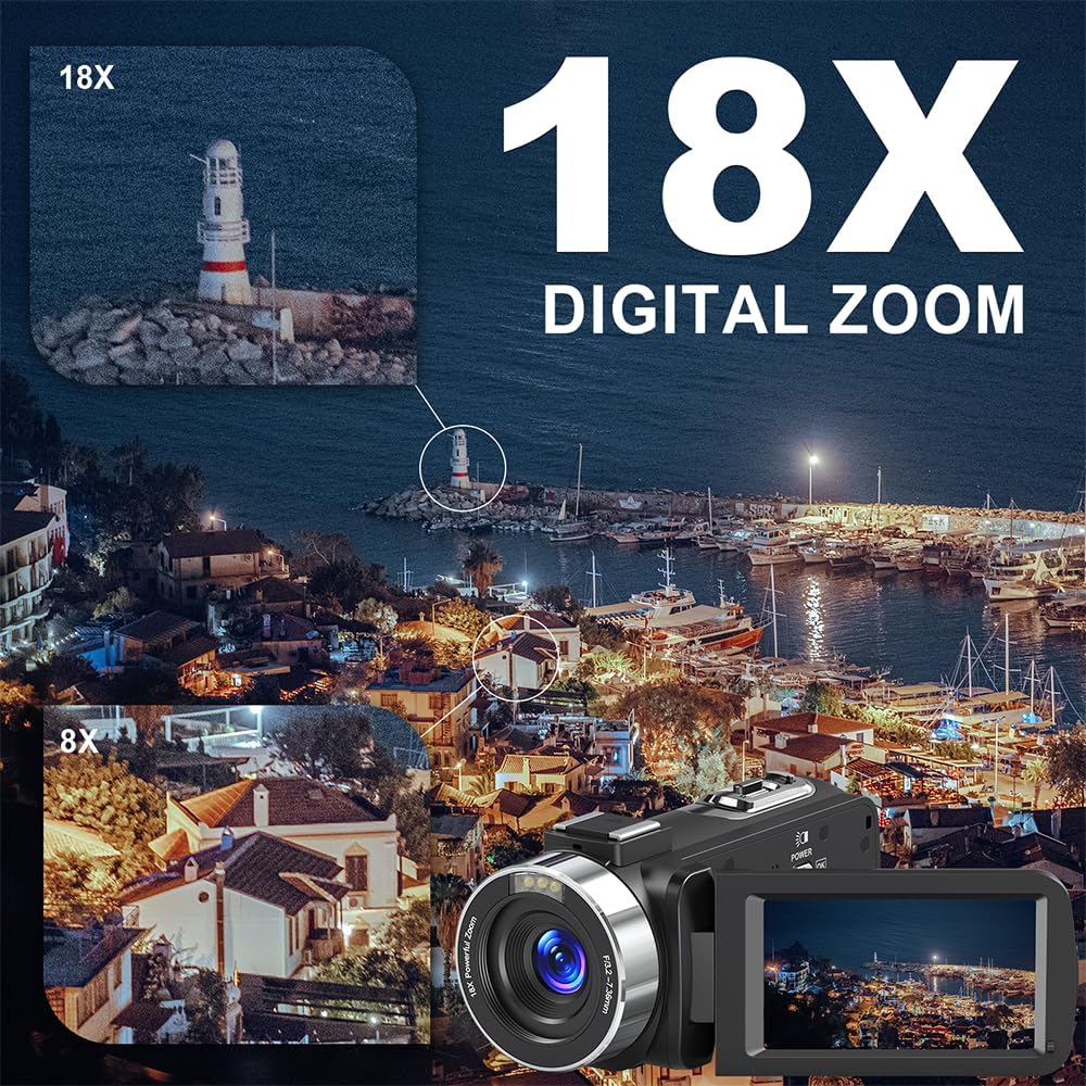 Video Camera 8K 64MP Camcorder 18X Digital Zoom IR Night Vision Vlogging