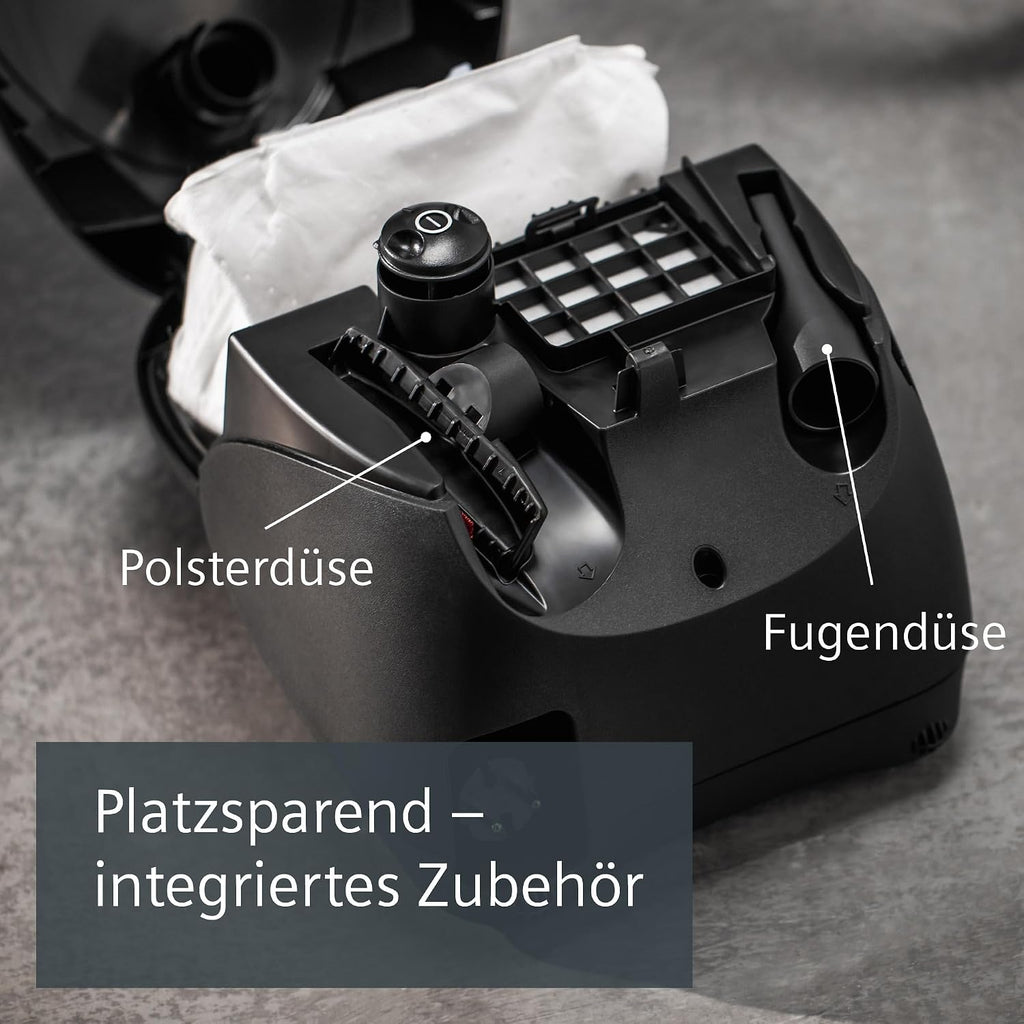 Siemens Staubsauger mit Beutel Z 3.0 extreme power VSZ3XTRM11, Bodenstaubsauger, XXL-Polsterdüse ideal für Tierhaare, Bodendüse für Parkett, Teppich, Fliesen, niedriger Stromverbrauch, 850 W, schwarz