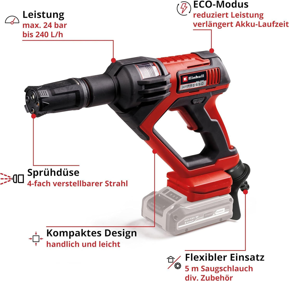 Einhell HYPRESSO 18/24-1 Akku-Druckwaschergun, 24 bar, 240 L/h, PXC, Solo, Rot