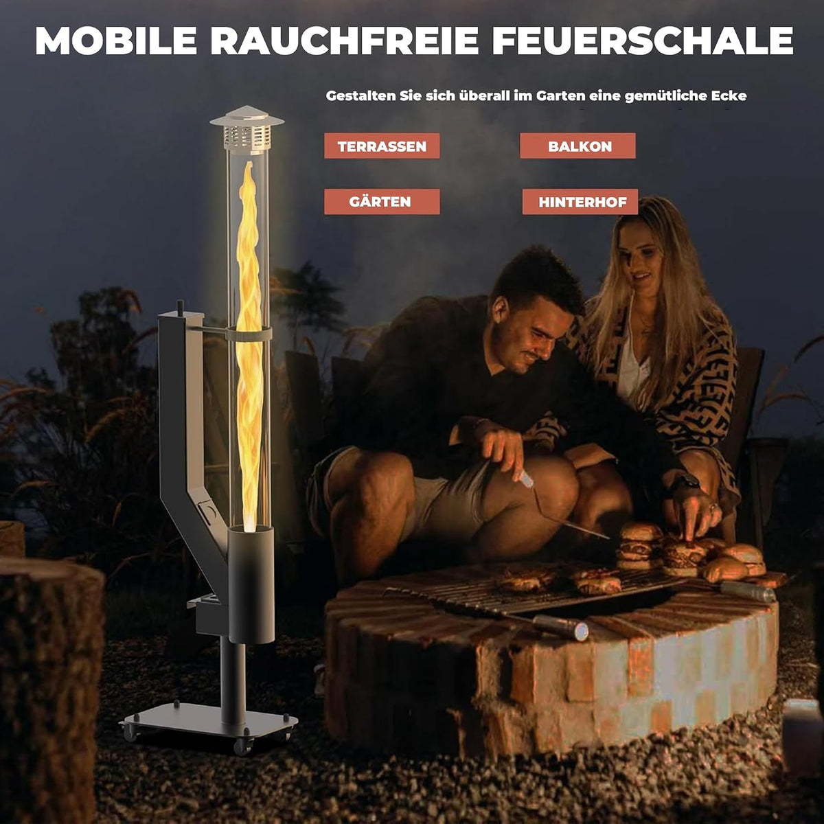 Outdoor Pellet Fire Bowl - Spiral Swirling Flame Column with Glass Tube Provides a Cozy Atmosphere on Patio and Garden, Ideal for Backyard and Camping