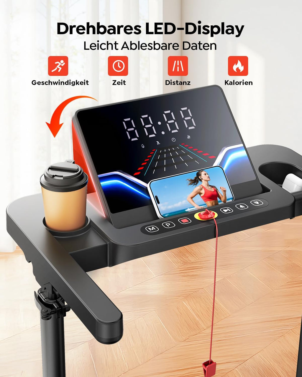 Laufband für Zuhause 12km/h, 6 IN 1 Elektrisches Laufband mit 10% Steigung, 1080MM Einziehbares Steigrohr, Controllo App, 360° Tablet Holder, 2.5HP Leiser Motor, LED Anzeige