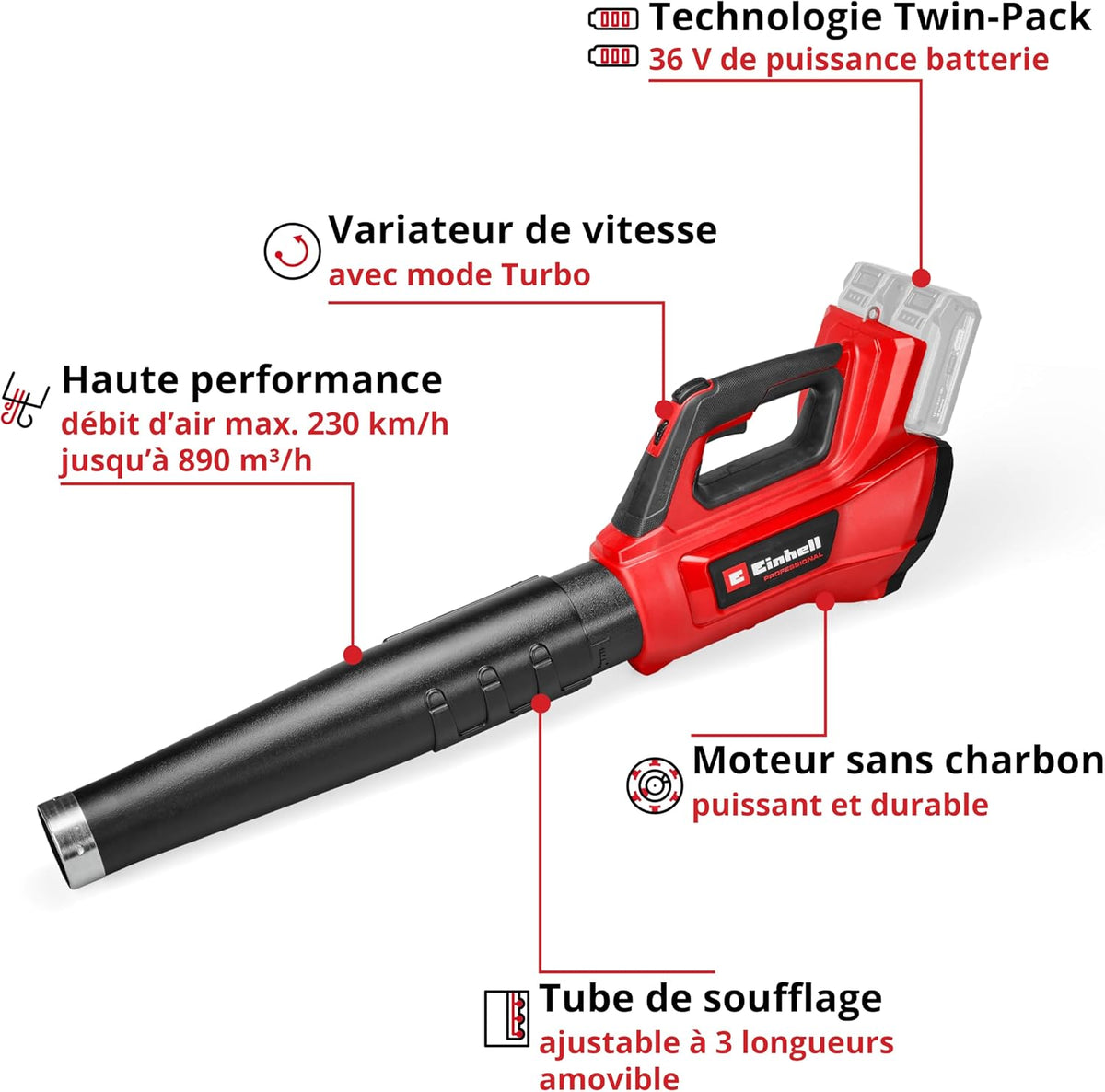 Einhell Professional Cordless Leaf Blower GP-LB 36/230 Li E BL-Solo Power X-Change (36 V, Airflow 230 km/h, Word without Carbon, Speed Control, Tube in 3 Parts, Without Battery)