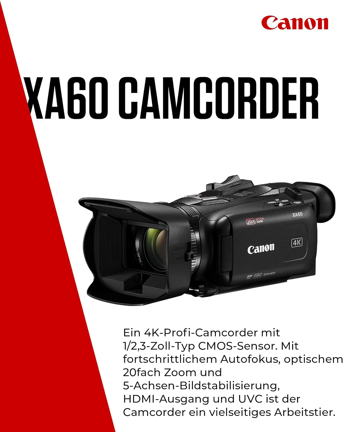 Canon XA60 Professional 4K Video Camera, 20x Optical Zoom, CMOS Sensor