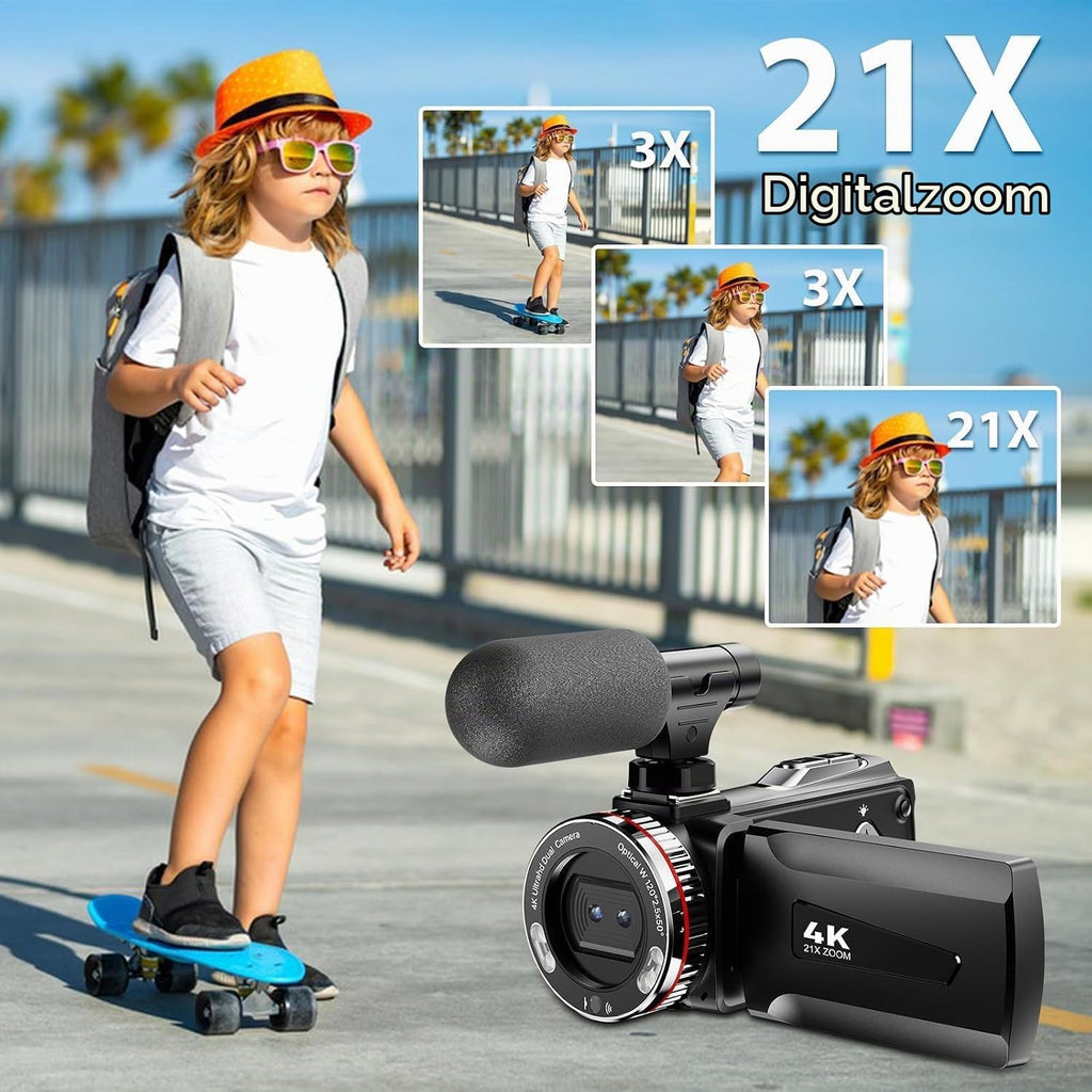Videokamera 4K Camcorder 48MP 21X Digitalzoom 3.0''270°Drehbarer Screen Vlogging Kamera für YouTube, Video Kamera mit HDMI-Kabel, Externes Mikrofon, Fernbedienung, 32 GB Karte, 2 Batterien