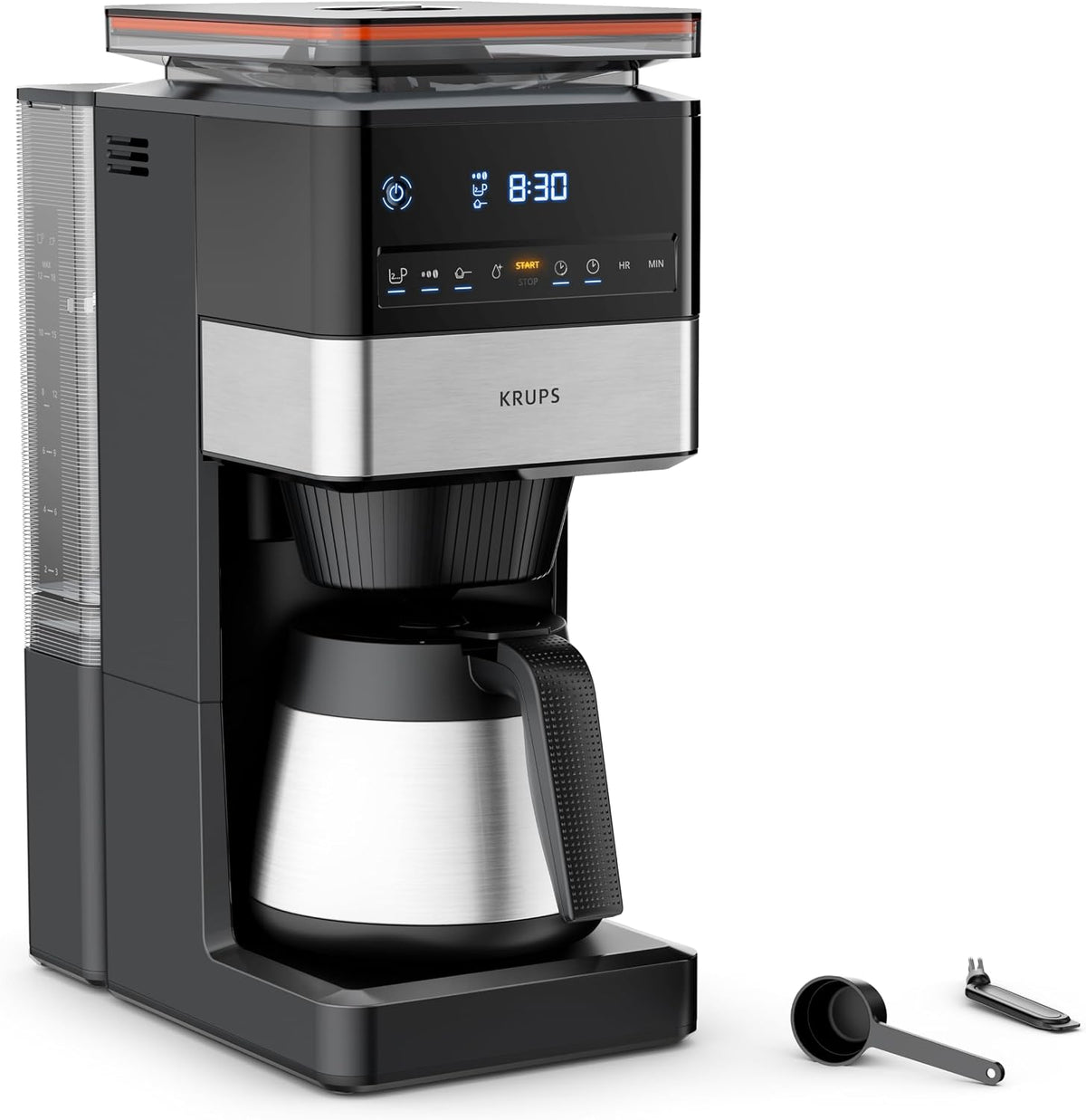 KRUPS Grind Aroma XL Filterkaffeemaschine, abnehmbares Kegelmahlwerk, digitales Bedienfeld, XL-Fassungsvermögen (1,25 L), Edelstahl-Thermoskanne, Schwarz/Edelstahl, KT842810