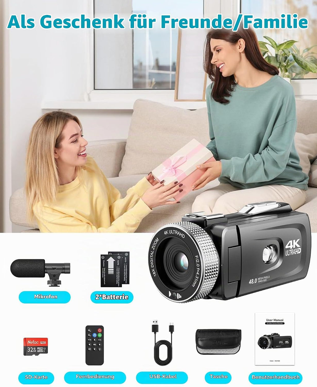 Videokamera 4K 48MP Camcorder 18X Digital Zoom Vlogging Kamera mit LED-Fülllicht für YouTube, 3.0'' 270°Drehbarer Screen Video Kamera mit Externem Mikrofon, Fernbedienung, 2 Batterien (32 GB Karte)