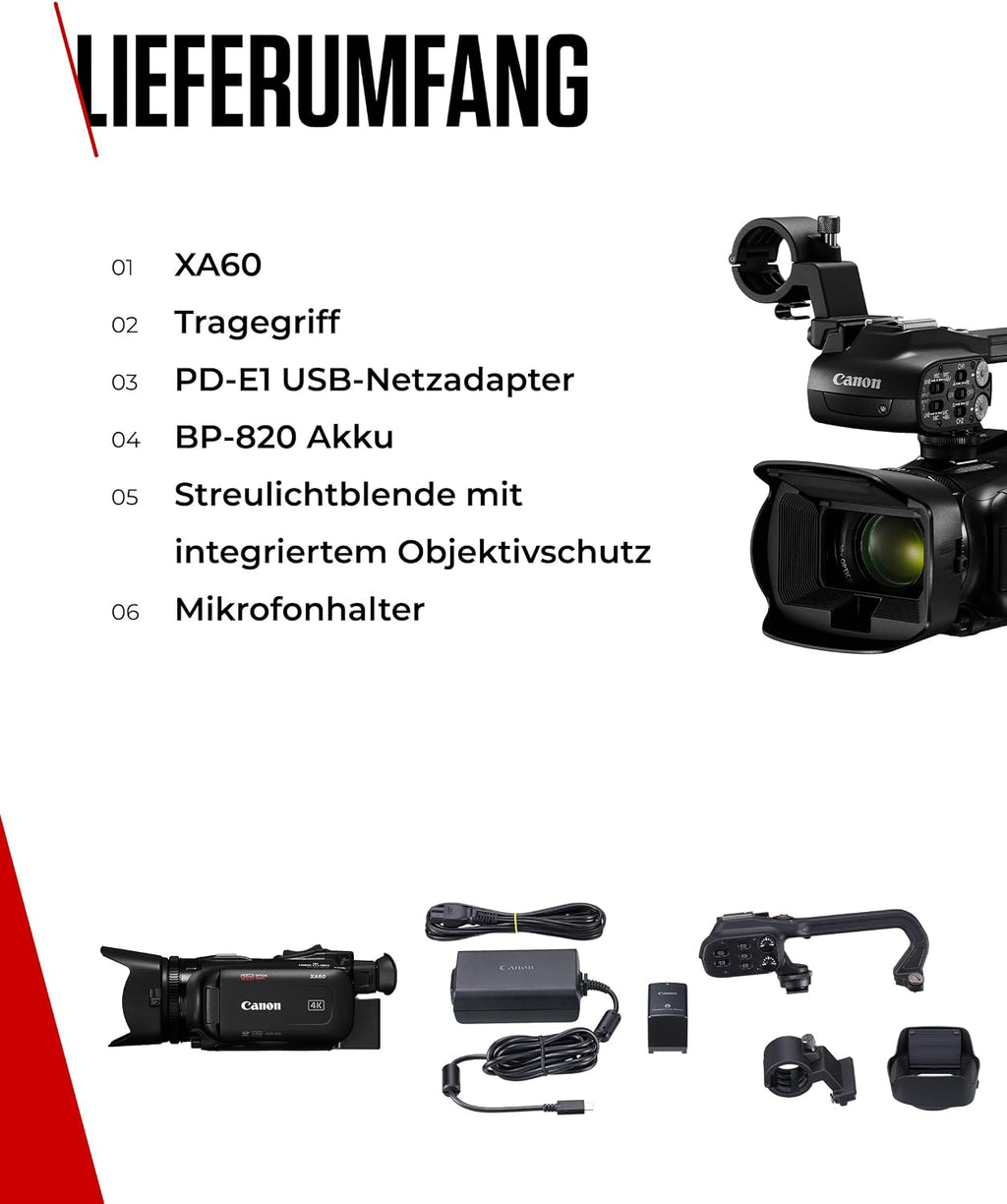 Canon XA60 Professional 4K Video Camera, 20x Optical Zoom, CMOS Sensor
