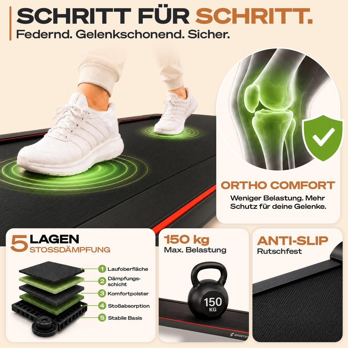 Sportstech, Walking Pad mit Steigung, 150 kg belastbar, 6 km/h, Under Desk