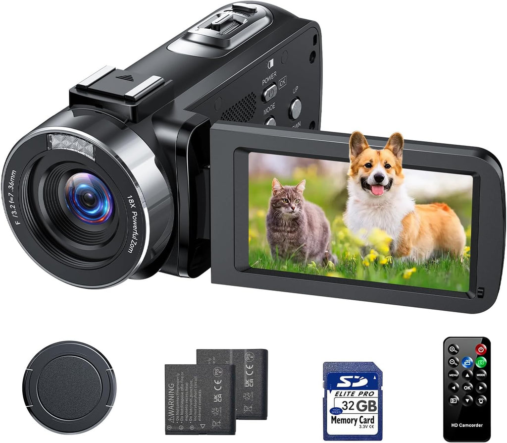 Videokamera 4K Camcorder, 42MP Vlogging Kamera für YouTube, Video Kamera mit 18x Digitalzoom & 3 Zoll 270° Drehbarem Display, Video Camera mit 2 Akkus, 32GB SD-Karte und Fernbedienung, Webcam Funktion