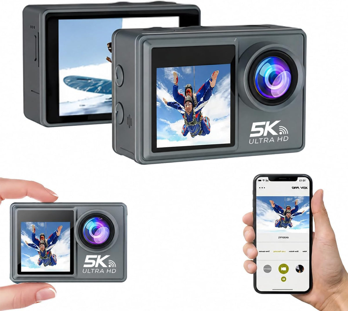 AONEGOLD Danxon 50MP Action Kamera 5K Dual Display EIS Stabilisierung 30m Wasserdicht mit Zubehör Grau