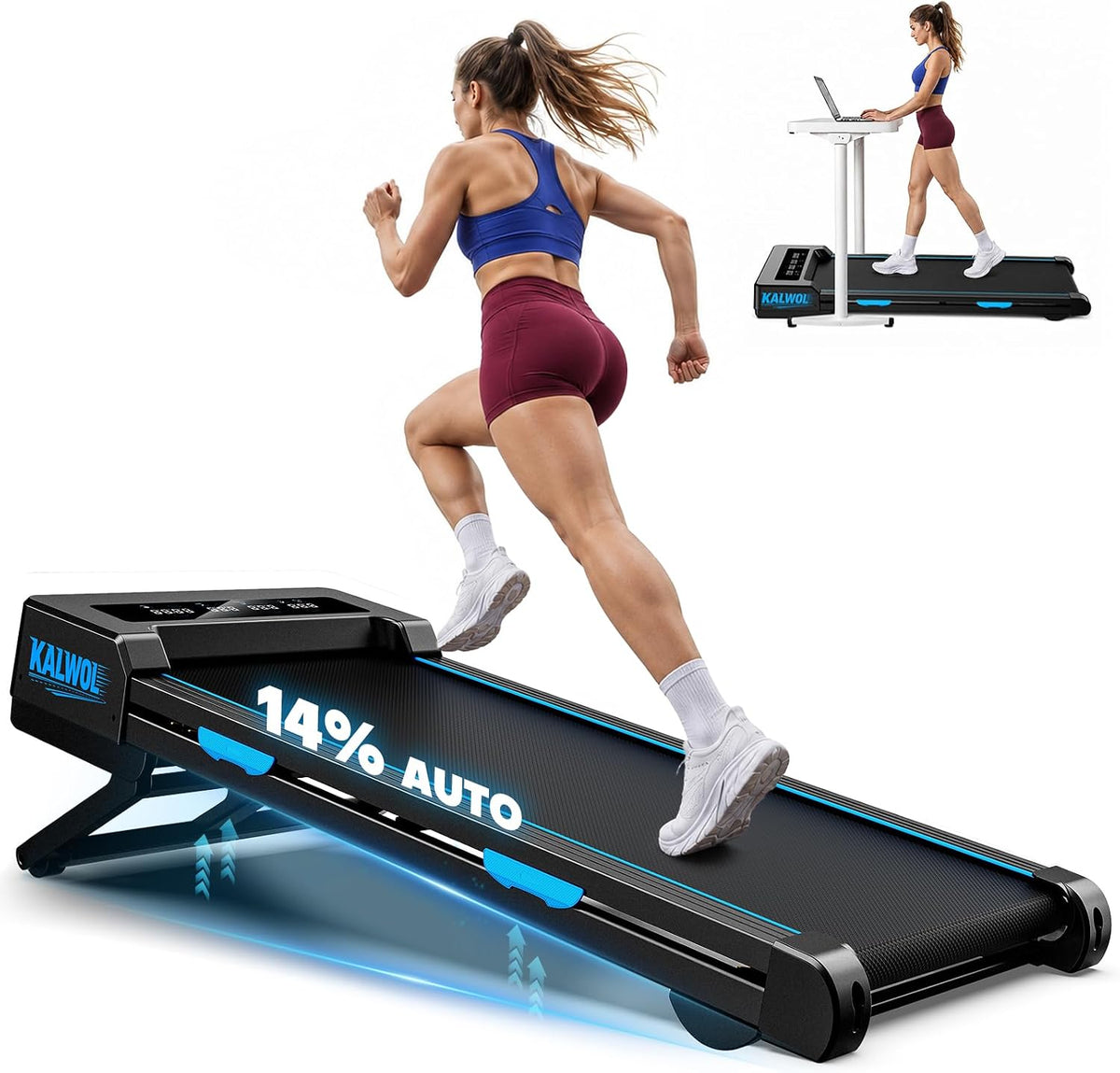 Walking Pad mit 14% Automatischer Steigung, 5 In 1 Laufband für Zuhause mit 3.5 HP bürstenloser Motor, 10km/h Laufband Schreibtisch für Zuhause & Büro mit LED-Display, 12 HIIT-Programme, Bis 180 kg
