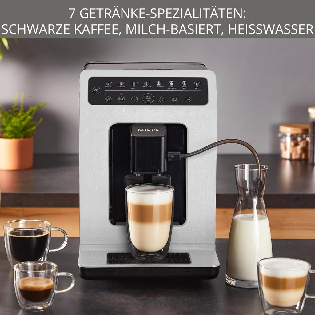 KRUPS Evidence ECOdesign Kaffeevollautomat mit Milchschlauch, 7 Getränkeoptionen, 2-Tassen-Funktion, Recyceltes Material, Kaffeemaschinemit Bedienfeld, Weiß/Schiefer, EA897A10