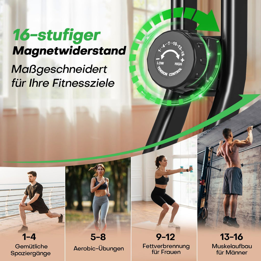 Heimtrainer Fahrrad Klappbar, VANNECT Hometrainer Fahrrad Klappbar, Ergometer Heimtrainer mit 16 Stufen Magnetwiderstand, Herzfrequenzsensor, LCD-Monitor & Komfort-Sitz für Zuhause & Büro, bis 150kg