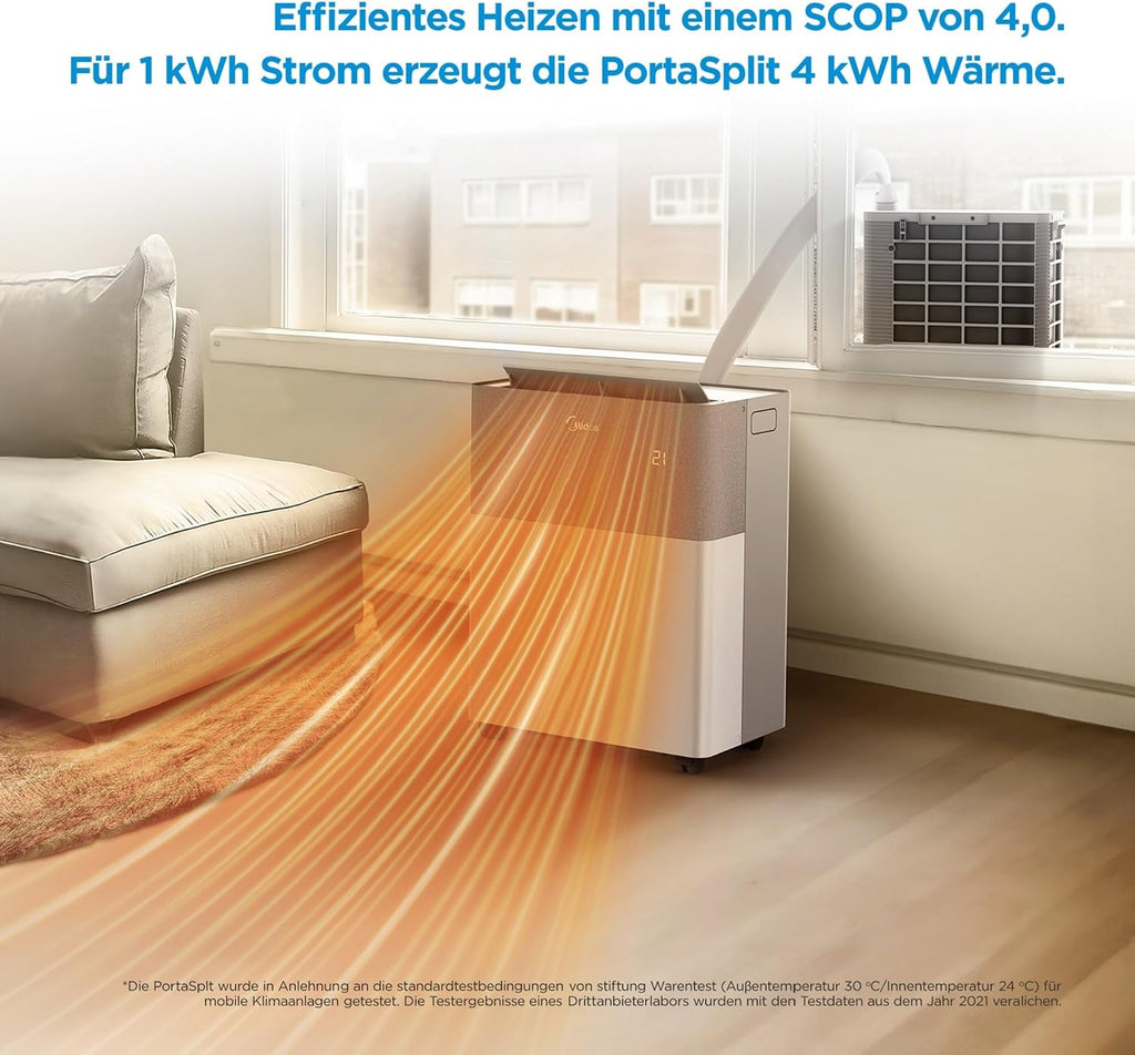Midea Portasplit Mobile Wärmepumpe, Klimaanlage, Kühlen A++/Heizen A+, 12000 BTU 3, 5kW, für Räume bis zu 42 m² / 105 m³, nur 39 dB(A) im Silent-Modus