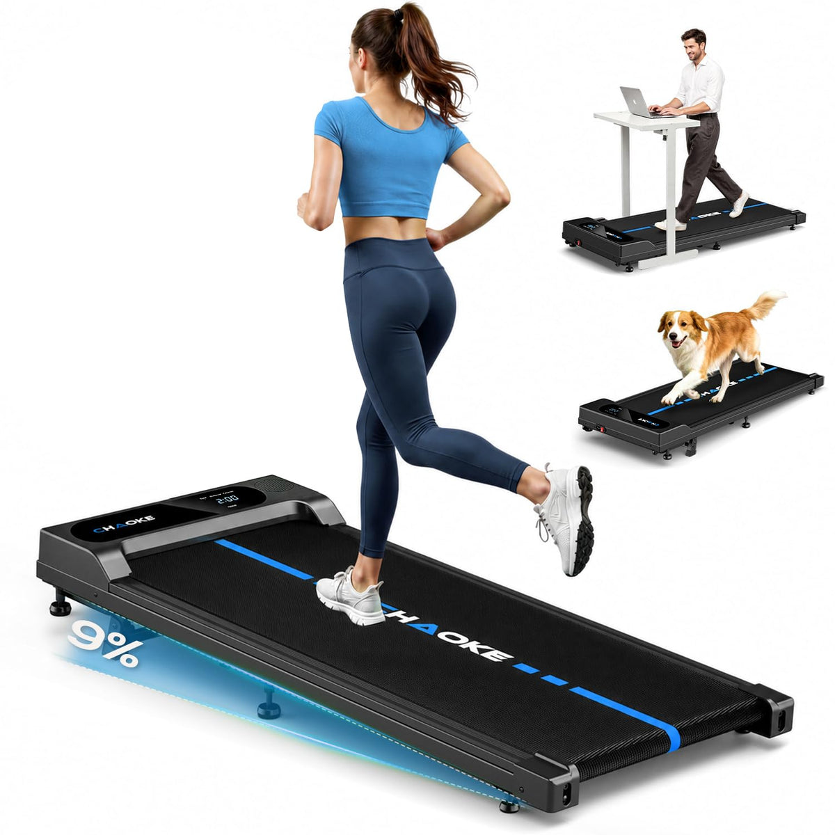 Walking Pad mit Steigung 9%, 1-10 km/h Laufband für Zuhause mit APP, 2.75HP Walking Pad Cardio für Home-Office mit Eingebaute Lautsprecher, LED-Anzeige, Leise Schreibtisch Laufband