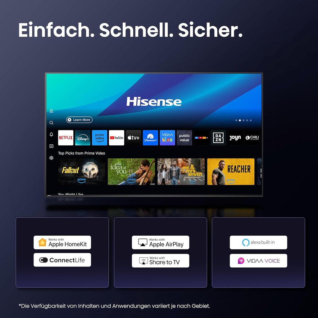 Hisense 55U7Q Fernseher 55 Zoll, 4K Mini LED ULED, Smart TV, Hi-View AI Engine, 144Hz Game Mode Pro, FreeSync Premium, Built in Subwoofer, Dolby Vision IQ Atmos, Airplay, Sprachsteuerung[2025]
