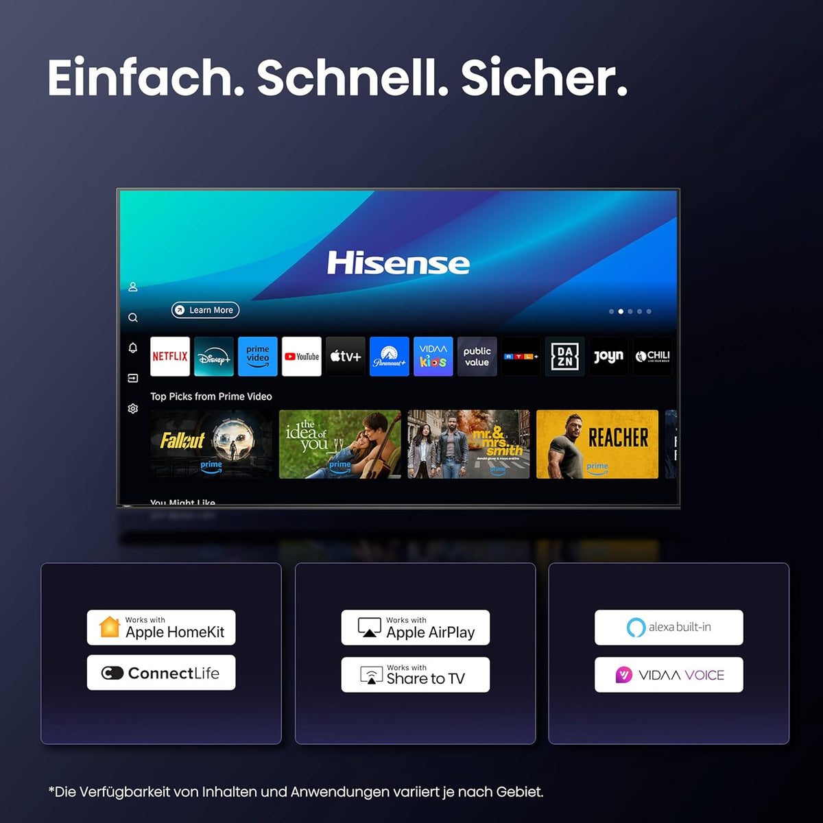 Hisense 55U7Q Fernseher 55 Zoll, 4K Mini LED ULED, Smart TV, Hi-View AI Engine, 144Hz Game Mode Pro, FreeSync Premium, Built in Subwoofer, Dolby Vision IQ Atmos, Airplay, Sprachsteuerung[2025]