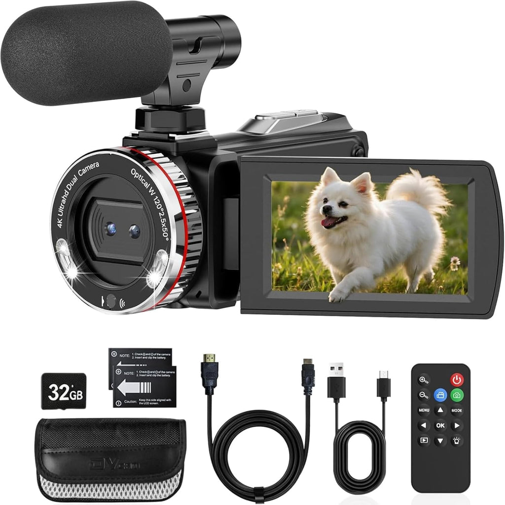 Videokamera 4K Camcorder 48MP 21X Digitalzoom 3.0''270°Drehbarer Screen Vlogging Kamera für YouTube, Video Kamera mit HDMI-Kabel, Externes Mikrofon, Fernbedienung, 32 GB Karte, 2 Batterien