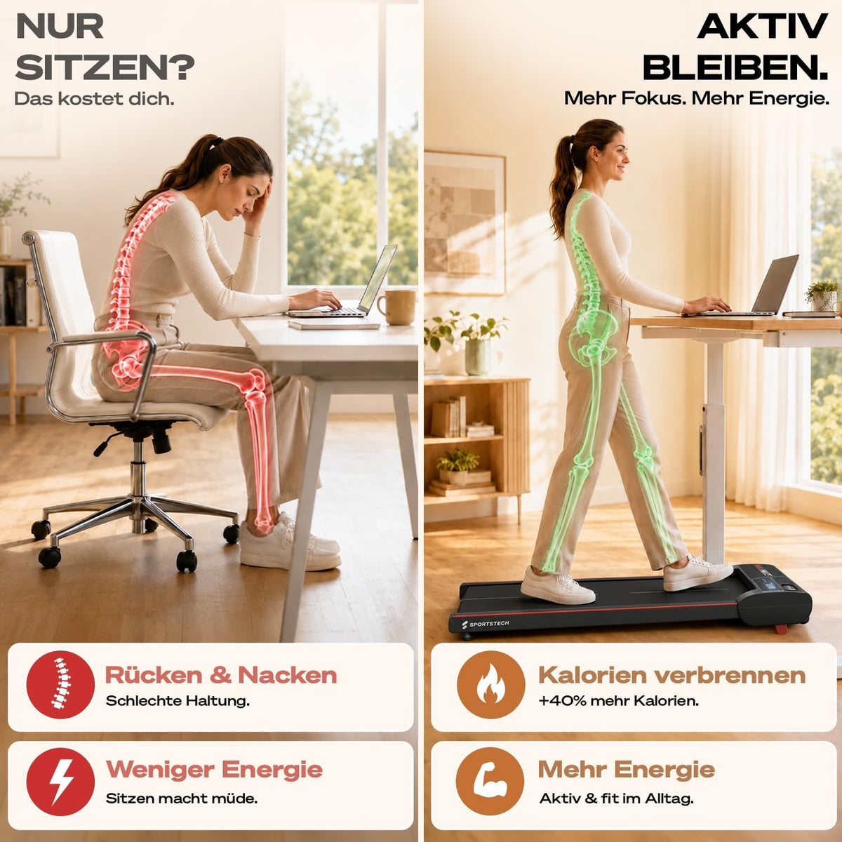 Sportstech, Walking Pad mit Steigung, 150 kg belastbar, 6 km/h, Under Desk
