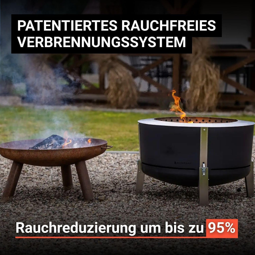 Masuria Alpha 800 Smokeless Fire Bowl 80 cm Diameter - Patented Smoke Reduction up to 95% - Made in the EU - Low-Smoke Outdoor Fire Pit Made of 304 Stainless Steel - Adjustable Legs - Black
