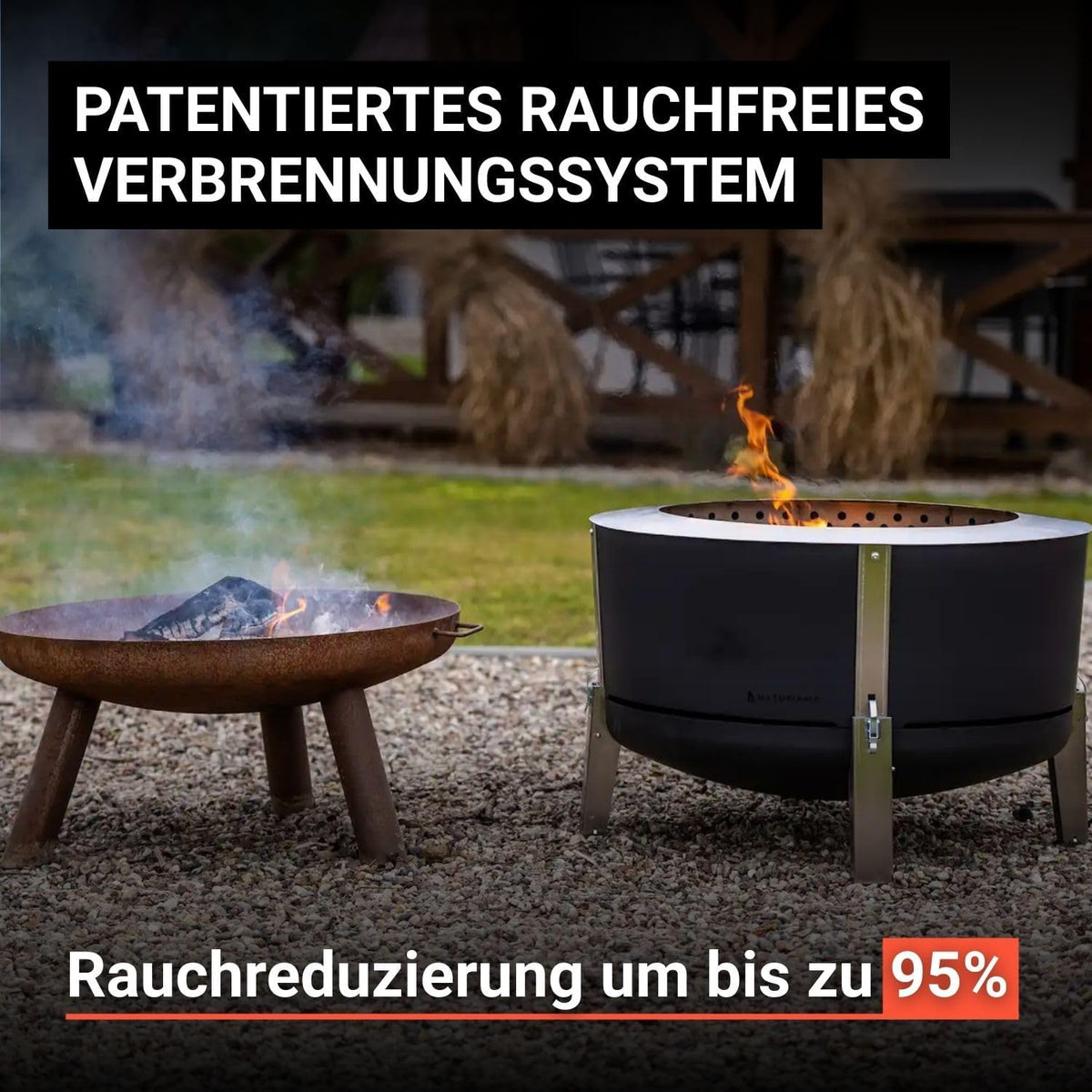 Masuria Alpha 800 Smokeless Fire Bowl 80 cm Diameter - Patented Smoke Reduction up to 95% - Made in the EU - Low-Smoke Outdoor Fire Pit Made of 304 Stainless Steel - Adjustable Legs - Black