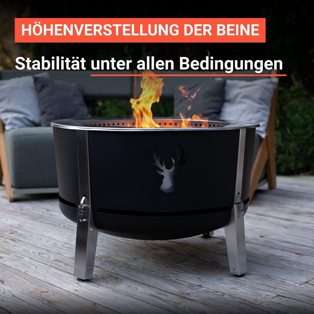 Masuria Alpha 800 Smokeless Fire Bowl 80 cm Diameter - Patented Smoke Reduction up to 95% - Made in the EU - Low-Smoke Outdoor Fire Pit Made of 304 Stainless Steel - Adjustable Legs - Black