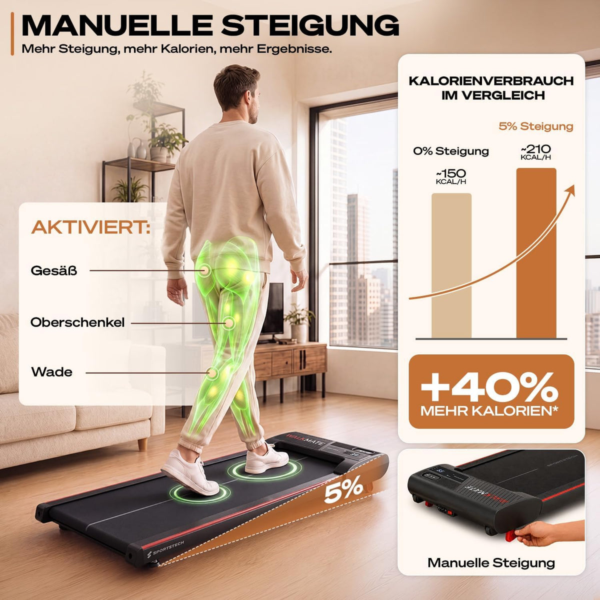 Sportstech, Walking Pad mit Steigung, 150 kg belastbar, 6 km/h, Under Desk
