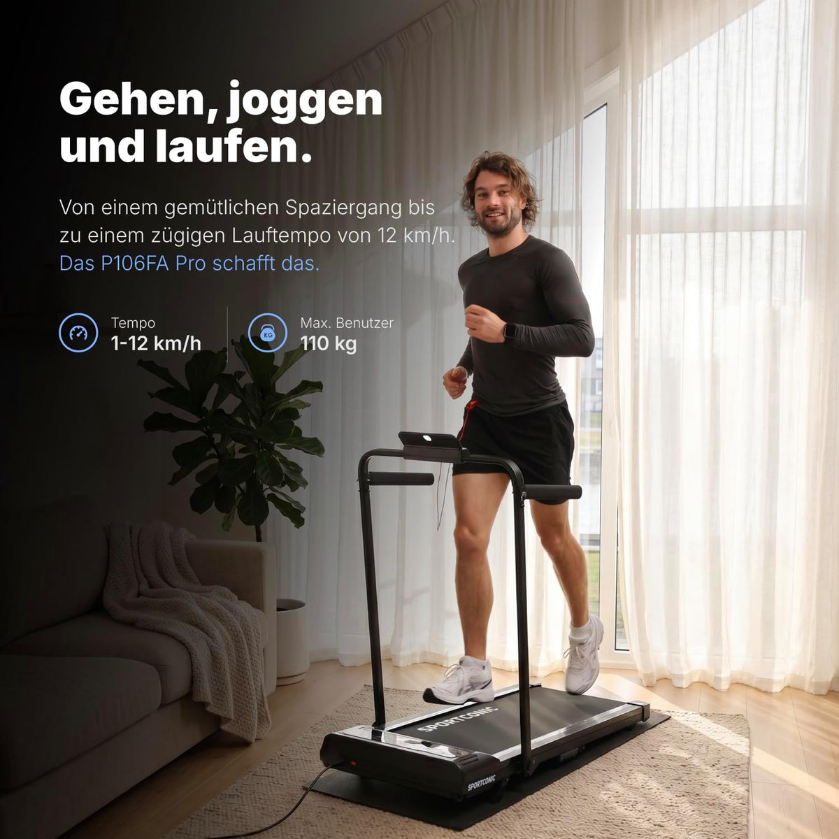 Sportconic Treadmill 1-12 km/h - Foldable & Electric for Home - Quiet Under Desk Use - Walking Pad with Incline, Tablet Holder