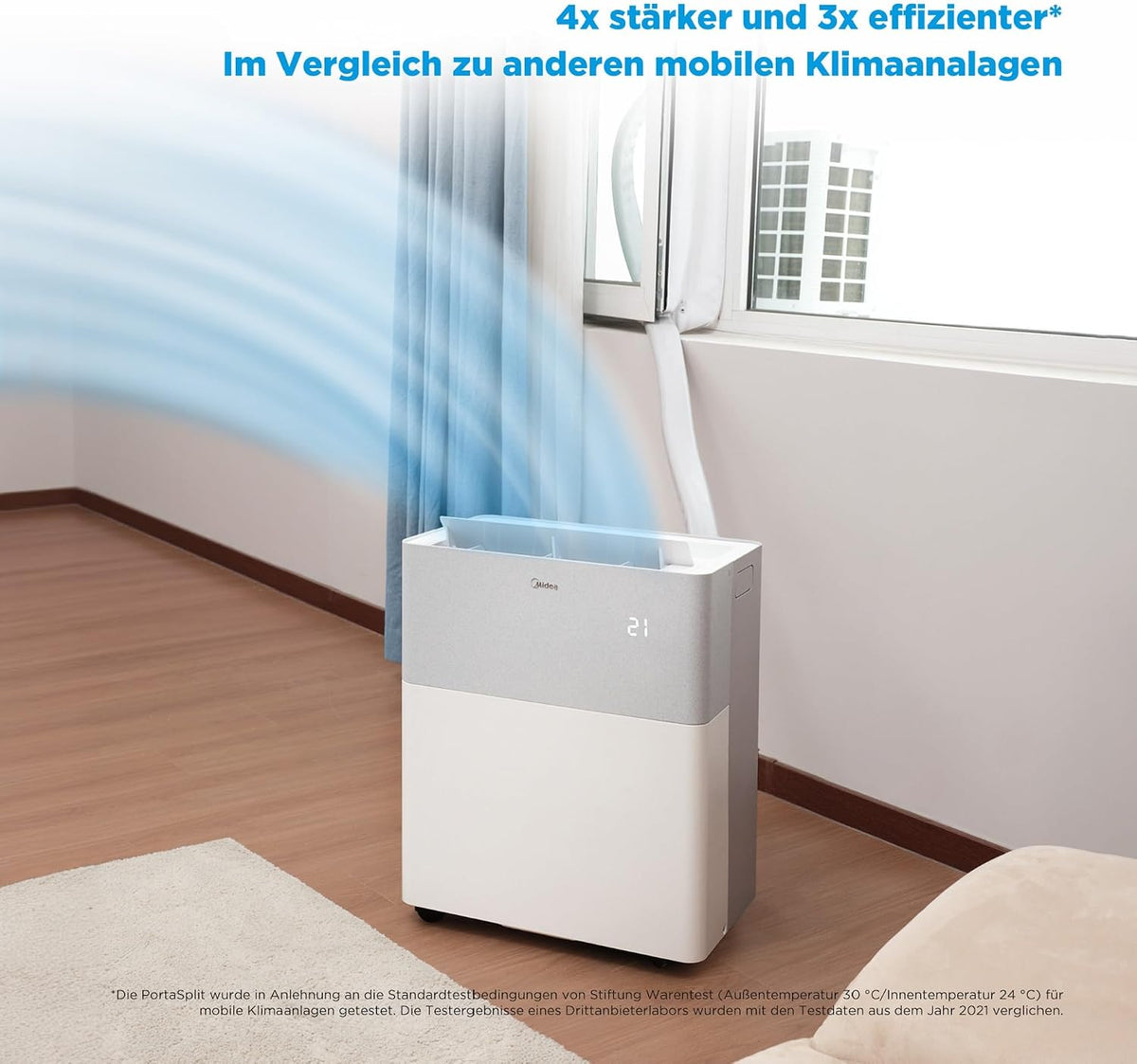 Midea Portasplit Mobile Wärmepumpe, Klimaanlage, Kühlen A++/Heizen A+, 12000 BTU 3, 5kW, für Räume bis zu 42 m² / 105 m³, nur 39 dB(A) im Silent-Modus