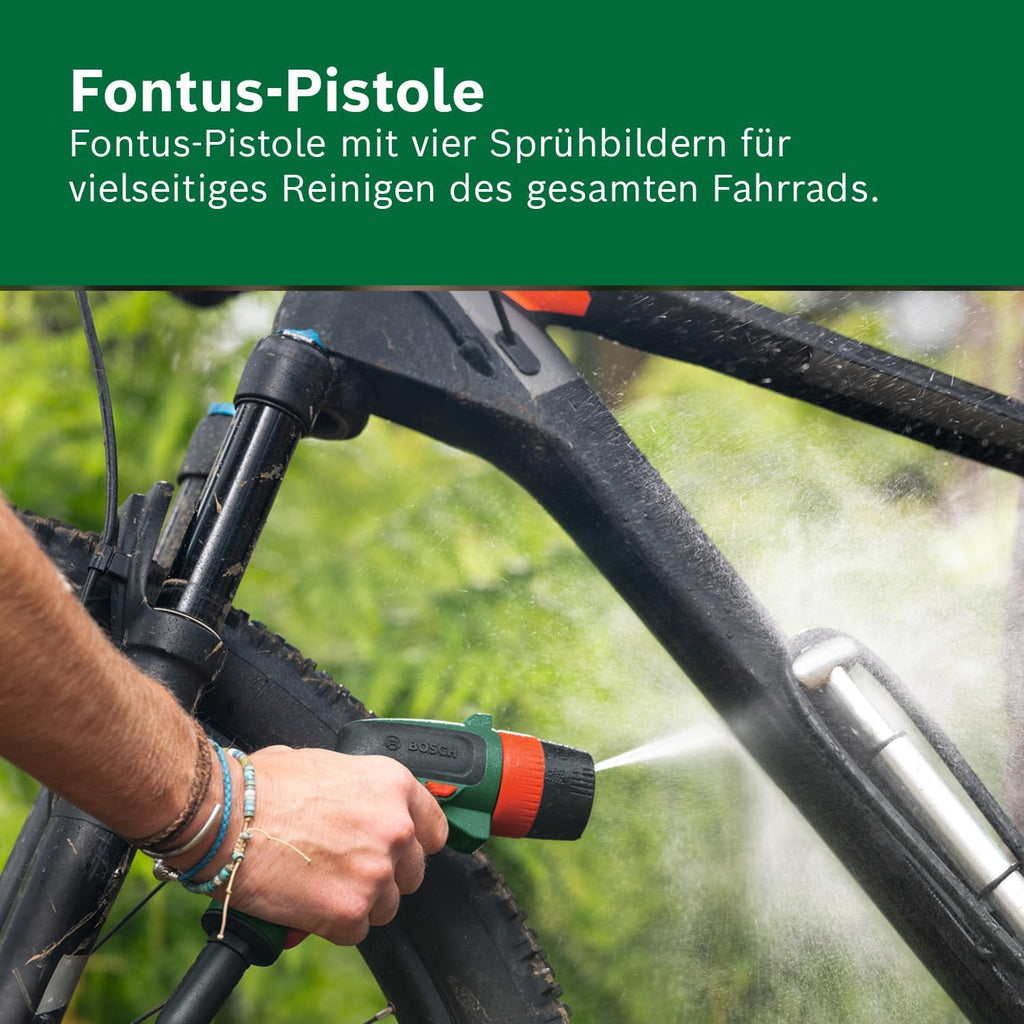 Bosch Akku-Druckreiniger Fontus 18V-6 für Fahrräder (mobil, mini, 6-Liter-Wassertank, 8 Druckstufen, Aufbewahrung für Schlauch und Pistole, onhe Akku)