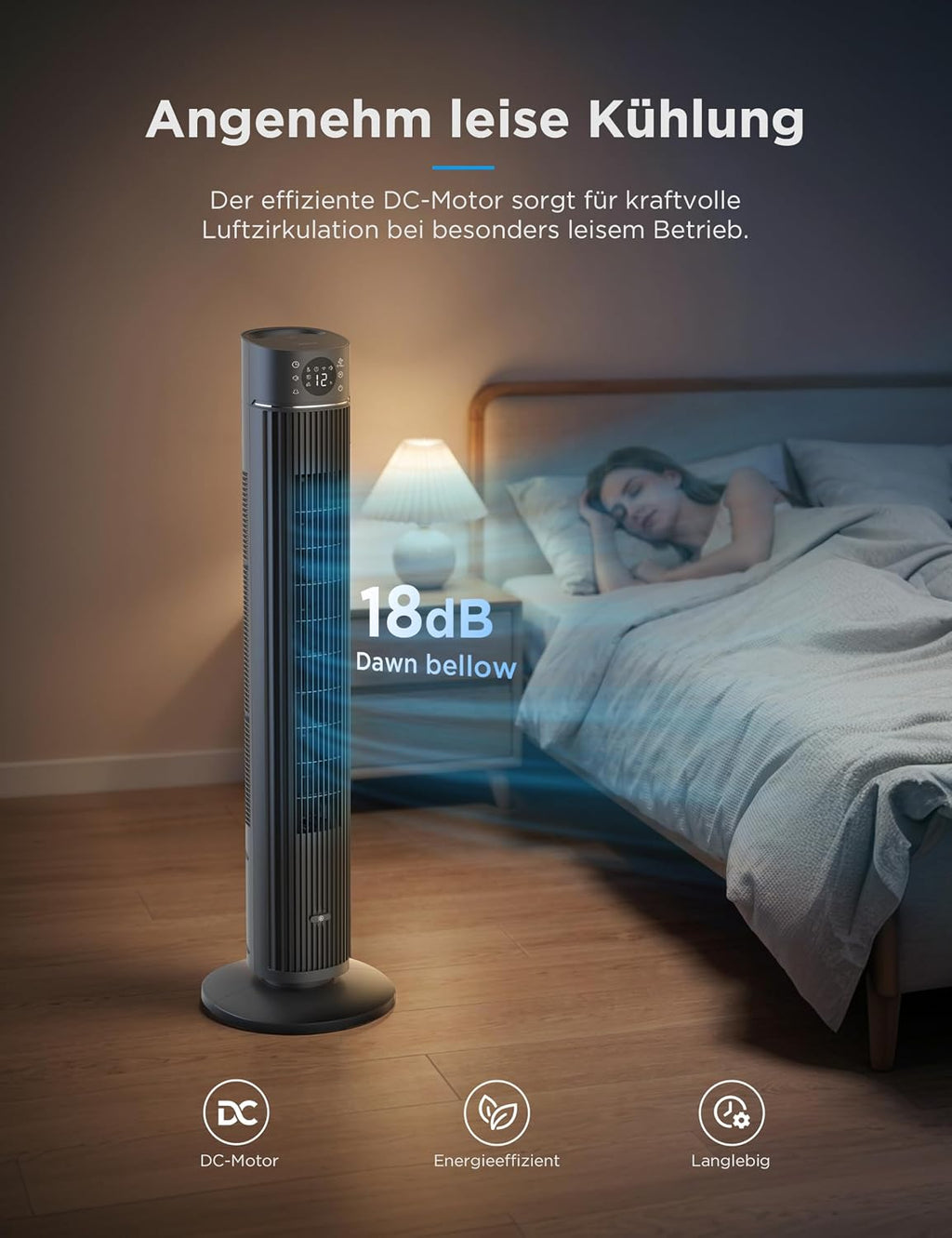 Midea FZ10-26ARDW Turmventilator, 2490 m³/h, 19 dB, DC-Motor, 12 Stufen, App, Schwarz