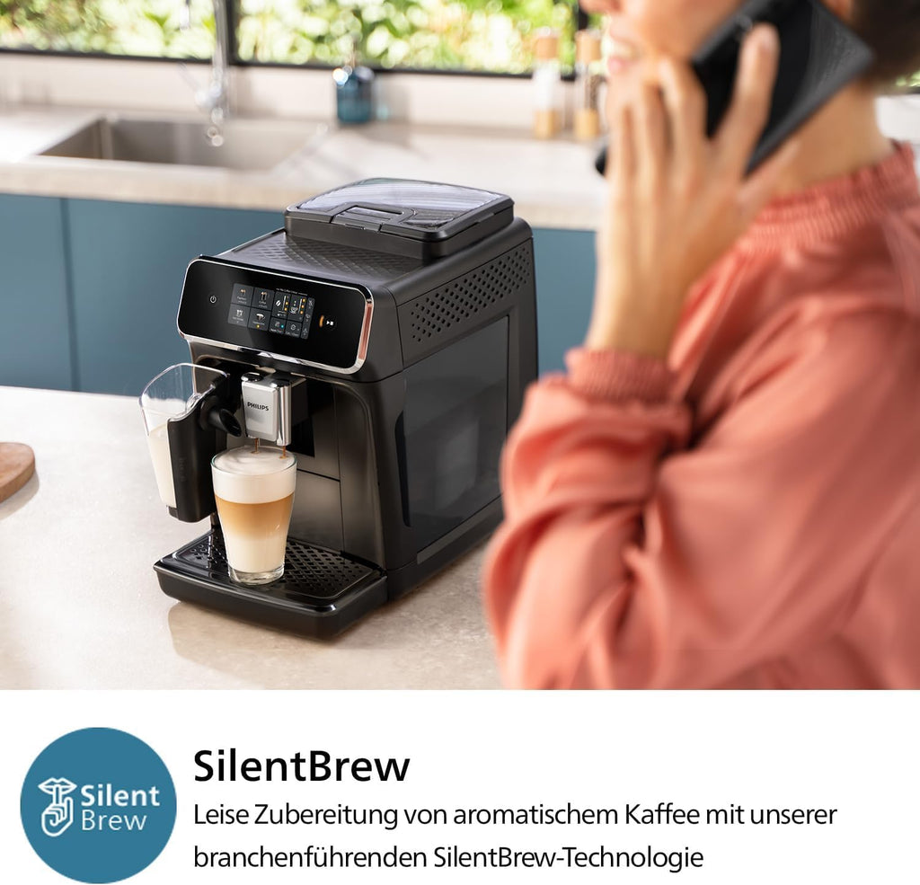 Philips 2300 Kaffeevollautomat: 4 Getränke, LatteGo, SilentBrew, Keramikmahlwerk, AquaClean Mattschwarz