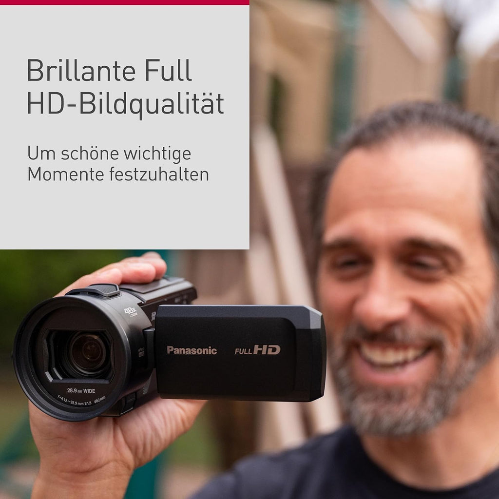 Panasonic HC-V900E-K Full HD Camcorder FHD Video 25mm F1.8 Wide Angle Lens 24X Optical Zoom Hybrid OIS+ HDR Zoom Microphone Touch Screen Black
