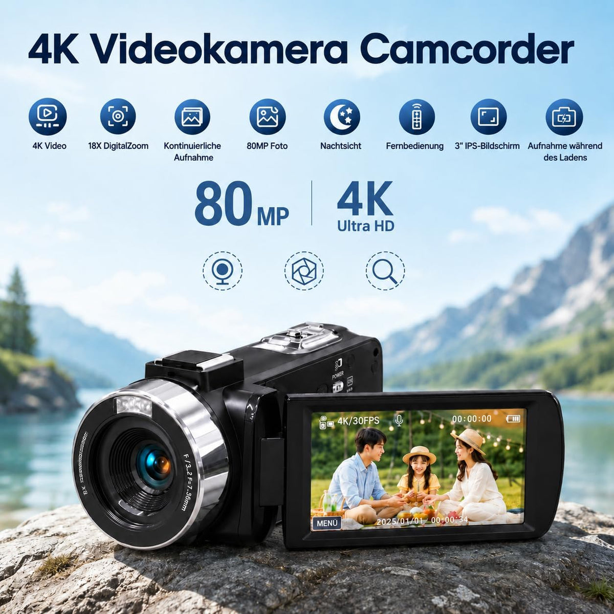 Camcorder 4K - Videokamera 30FPS 80MP 18X Digitalzoom IR Nachtsicht Vlogging Kamera, 3,0 Zoll IPS-Bildschirm YouTube Camera mit 32GB SD-Karte, Fernbedienung und 2 Batterien