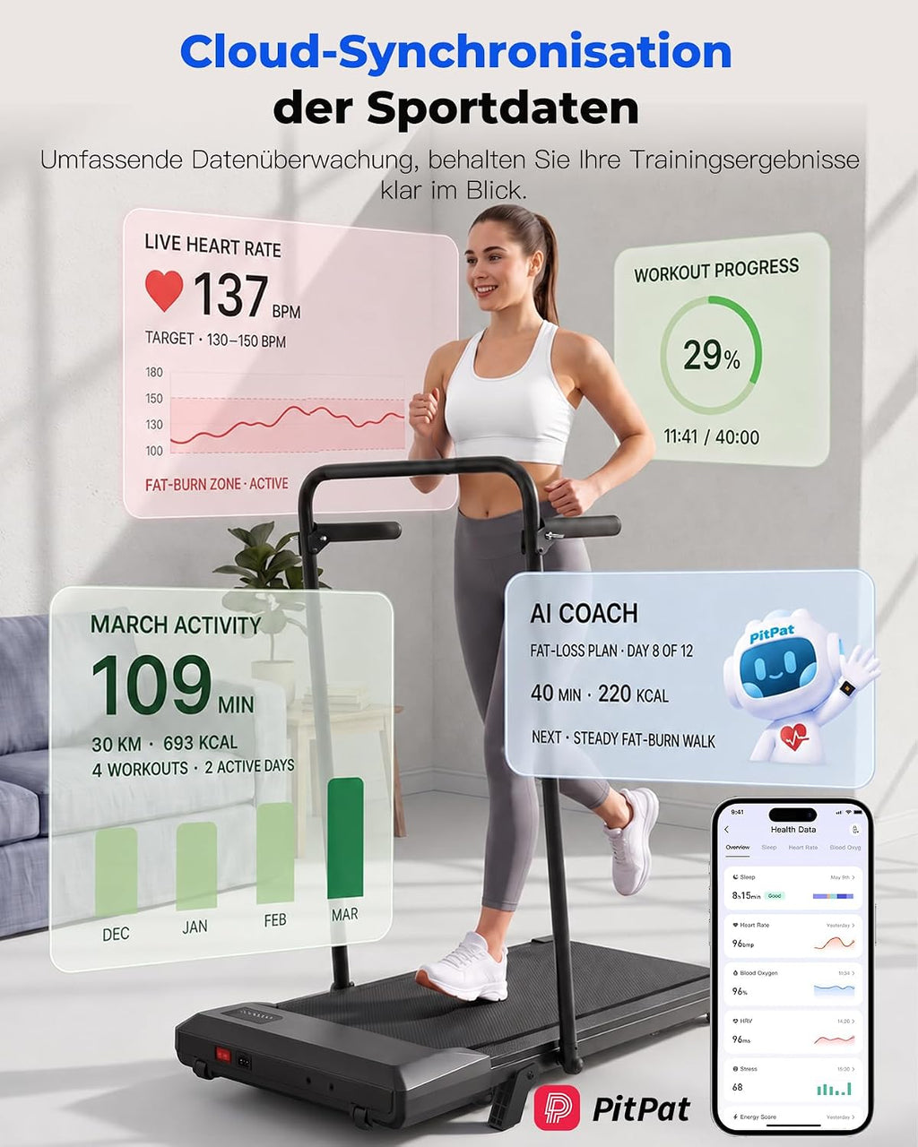 Superun Walking Pad mit Steigung, APP KI-Trainer, leises Büro Laufgerät