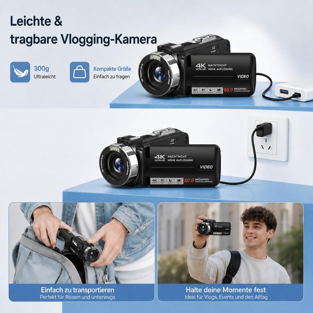 Camcorder 4K - Videokamera 30FPS 80MP 18X Digitalzoom IR Nachtsicht Vlogging Kamera, 3,0 Zoll IPS-Bildschirm YouTube Camera mit 32GB SD-Karte, Fernbedienung und 2 Batterien