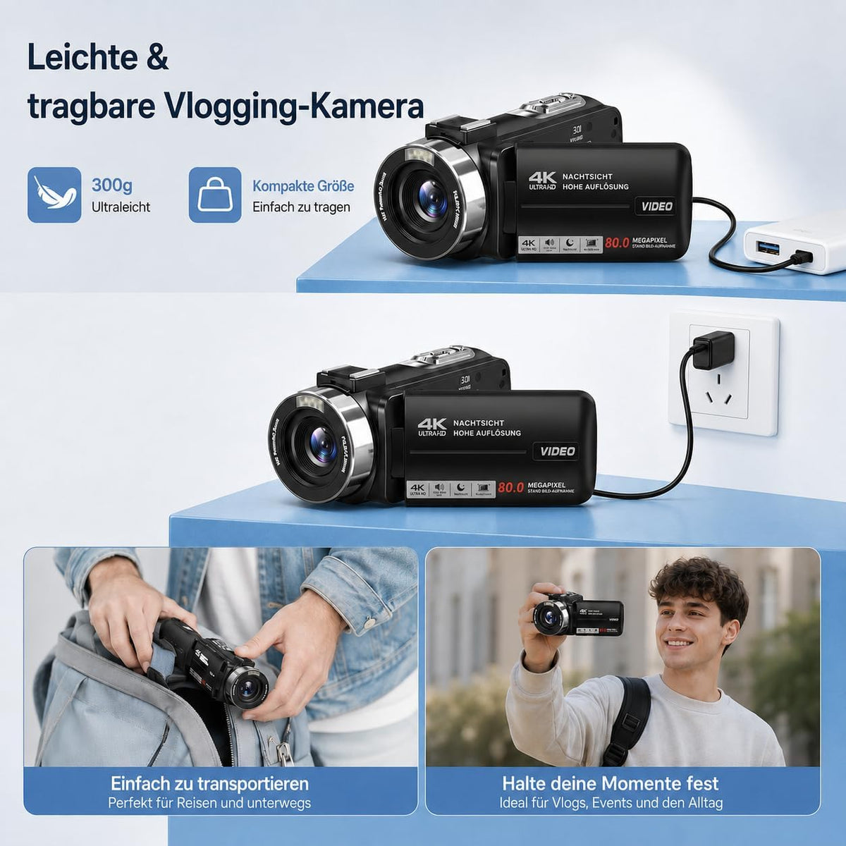 Camcorder 4K - Videokamera 30FPS 80MP 18X Digitalzoom IR Nachtsicht Vlogging Kamera, 3,0 Zoll IPS-Bildschirm YouTube Camera mit 32GB SD-Karte, Fernbedienung und 2 Batterien