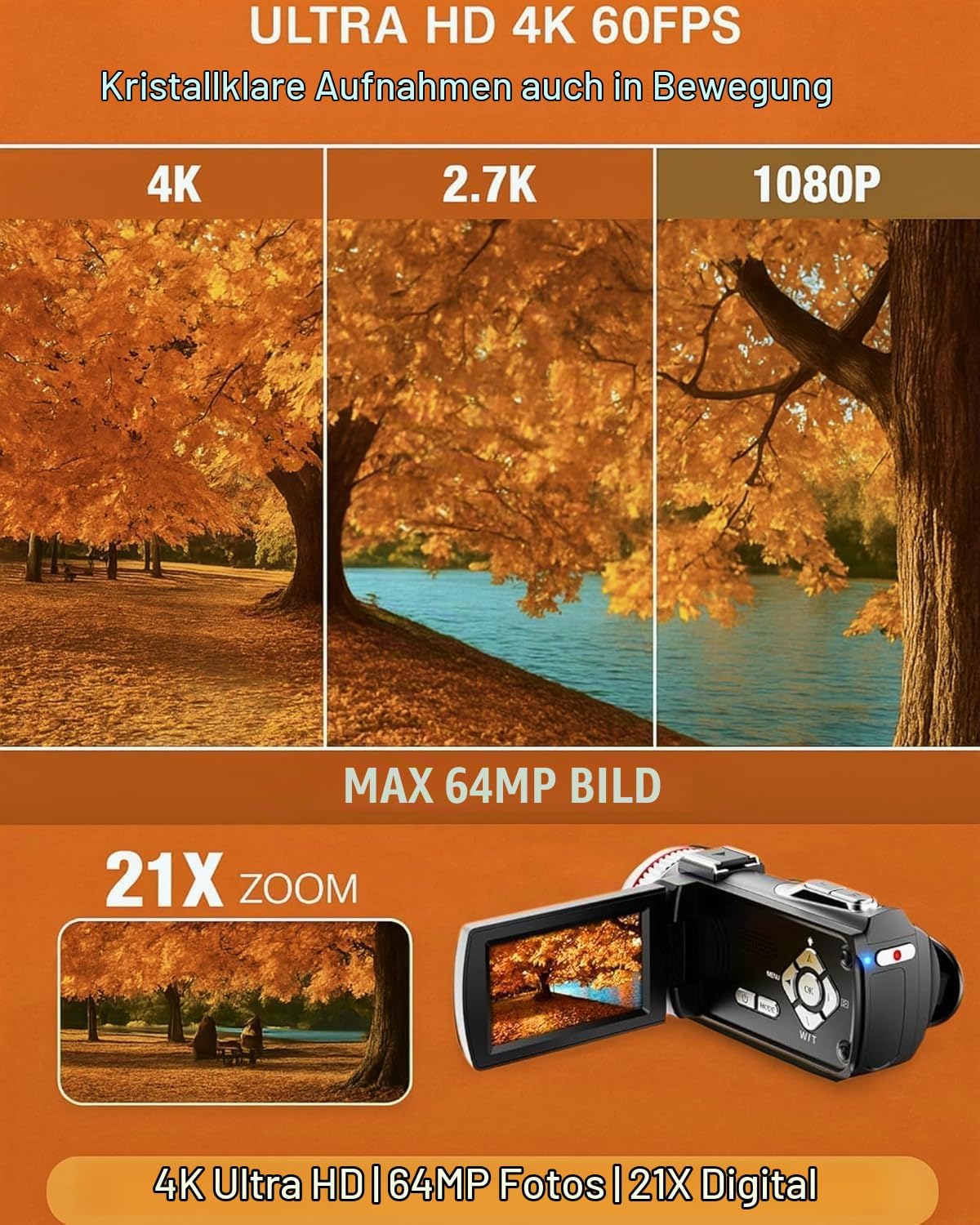 Videokamera 4K 48MP, 21X Digital Zoom Camcorder, 3.0'' 270° Screen Vlogging Kamera für YouTube, LED-Fülllicht Video Camera mit 2 Batterien, Externem Mikrofon, HDMI-Kabel, 32 GB TF-Karte