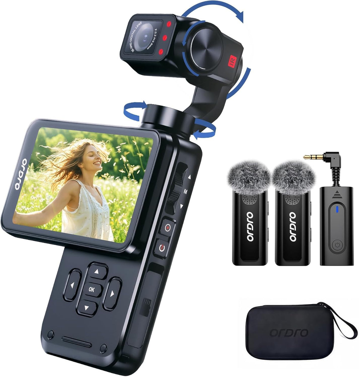 ORDRO 5K Handheld-Videokamera, Vlogging-Camcorder, 3,5-Zoll-Dreh-Touchscreen, 3-Achsen-Stabilisierung, IR-Nachtsicht, WDR, Gesichtserkennung, 120°-Weitwinkel, Lange Akkulaufzeit
