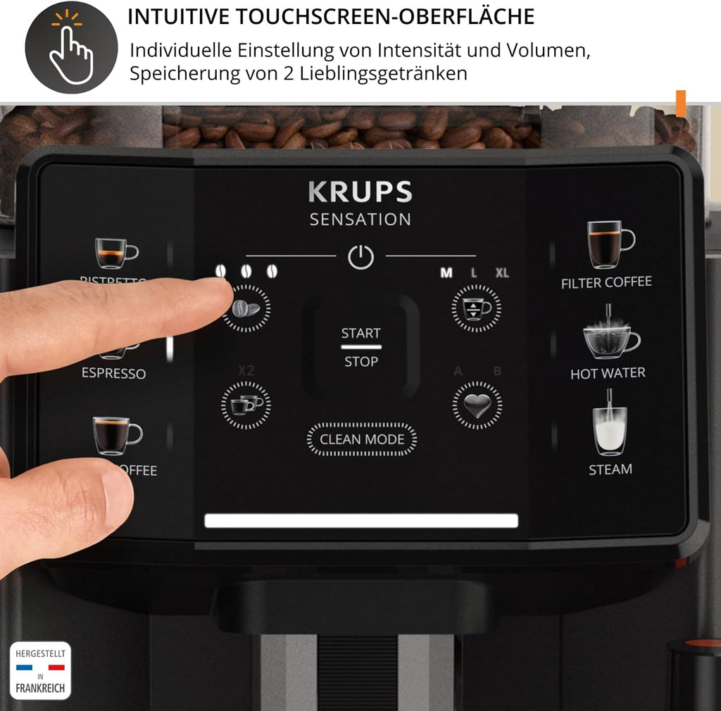 Krups Sensation Kaffeevollautomat mit Milchschaumdüse, Kaffeemaschine für Espresso, Cappuccino & Latte Macchiato, gemacht für Bohnenkaffee & Filterkaffee, bis zu 5 Kaffeegetränke und 2-Tassen-Funktion