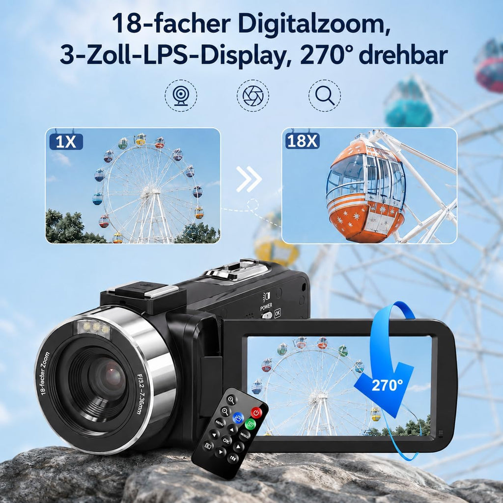 Camcorder 4K - Videokamera 30FPS 80MP 18X Digitalzoom IR Nachtsicht Vlogging Kamera, 3,0 Zoll IPS-Bildschirm YouTube Camera mit 32GB SD-Karte, Fernbedienung und 2 Batterien