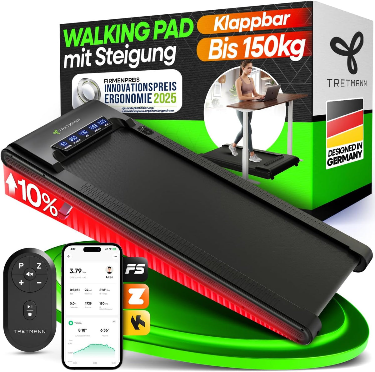Tretmann Walking Pad mit Steigung klappbar -extra leise [LongLife Laufdeck]