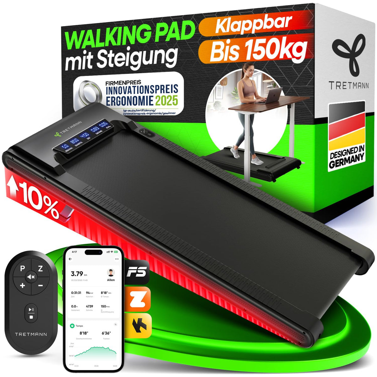 Tretmann Walking Pad mit Steigung klappbar -extra leise [LongLife Laufdeck]