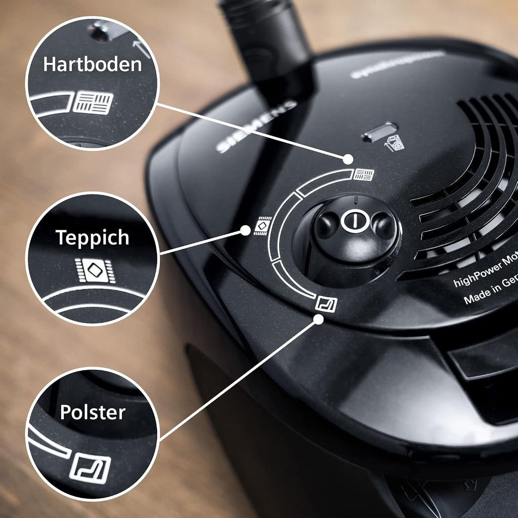 Siemens Staubsauger mit Beutel synchropower VS06B112A, Bodenstaubsauger, Hygiene-Filter, Bodendüse für Parkett, Teppich, Fliesen, langes Kabel, Fugendüse, 700 W, schwarz, 700 Watt