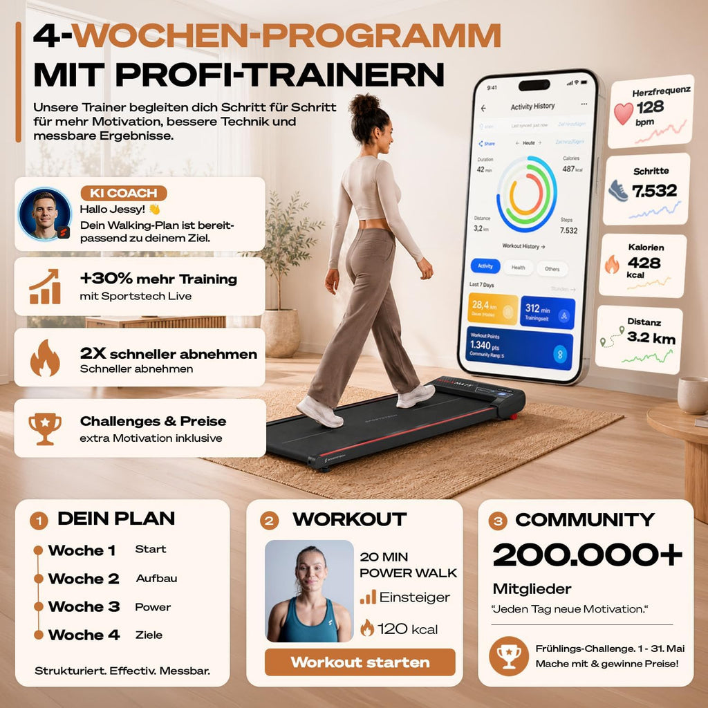 Sportstech, Walking Pad mit Steigung, 150 kg belastbar, 6 km/h, Under Desk