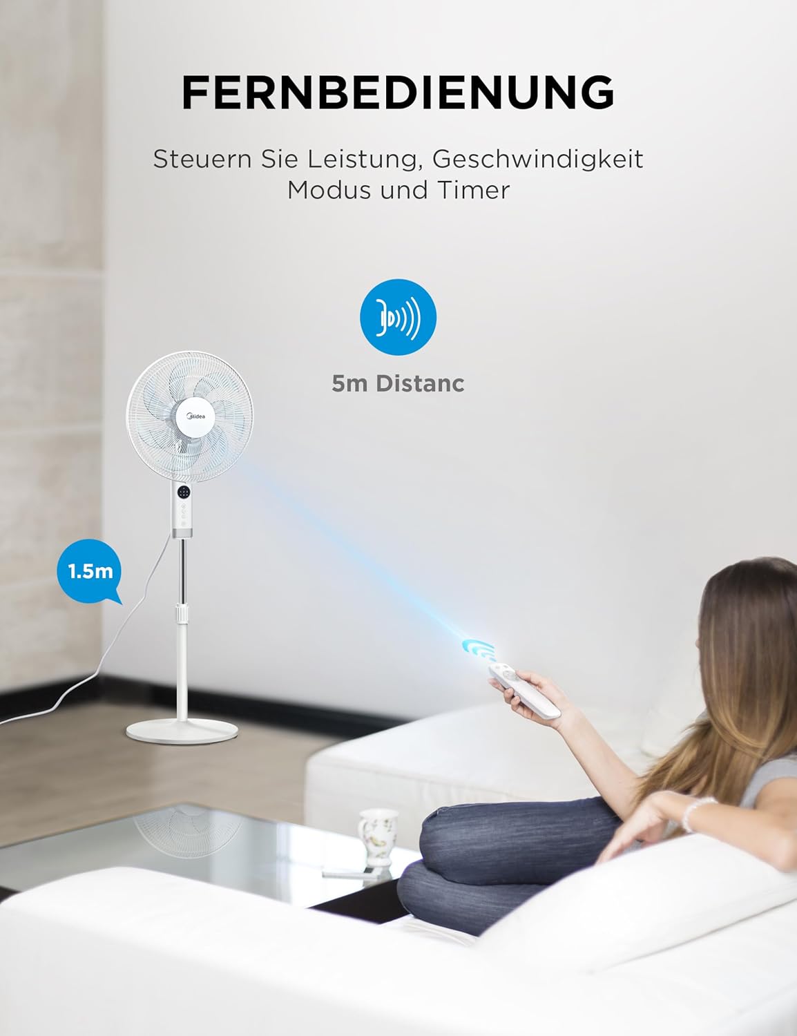 Midea MFS400R0APW Standventilator, 50W AC-Motor, 7 Klingen, 90° Oszillation, LED, Weiß