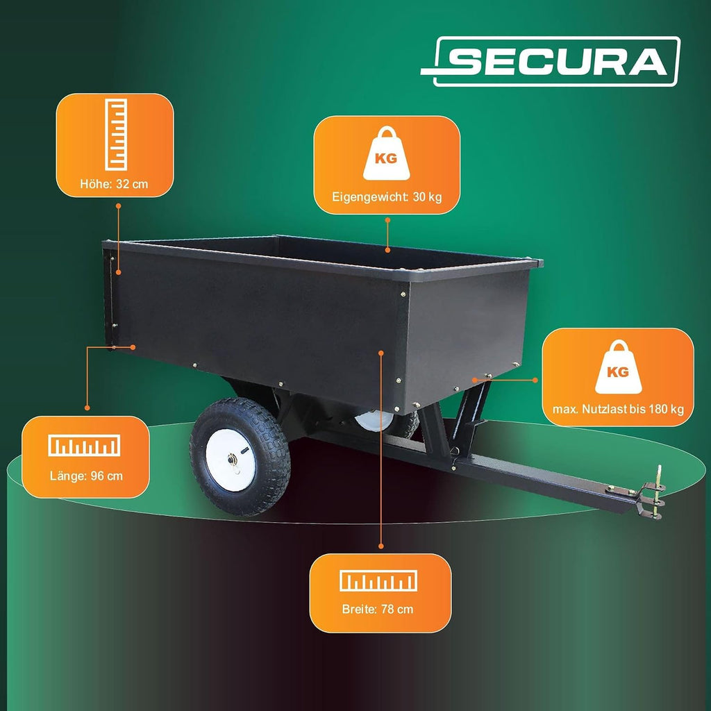 SECURA Trailer for lawn tractor 180 kg 96 × 78 × 32 cm Removable tailgate, tilting surface