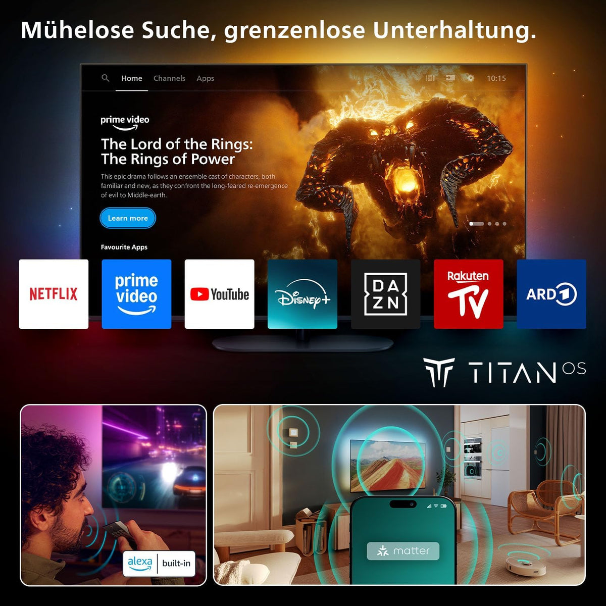 PHILIPS Ambilight 48OLED760 4K OLED Smart TV - 48 Zoll Display mit P5 AI Perfect Picture Engine Ultra HD, Titan OS, Dolby Vision und Atmos Sound - Funktioniert mit Alexa und Google Sprachassistent
