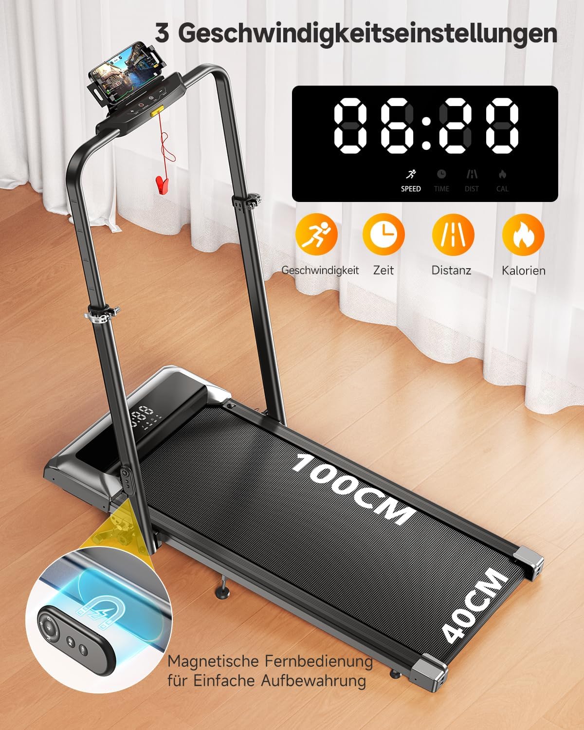 Laufband für Zuhause mit 12% Steigung, 12km/h, 6 in 1 Walking Pad, Klappbar Laufband mit 1150MM Einziehbares Steigrohr, 95°/105° Drehbarer Steigrohr, 2.5HP Leiser Motor, Fernbedienung und App