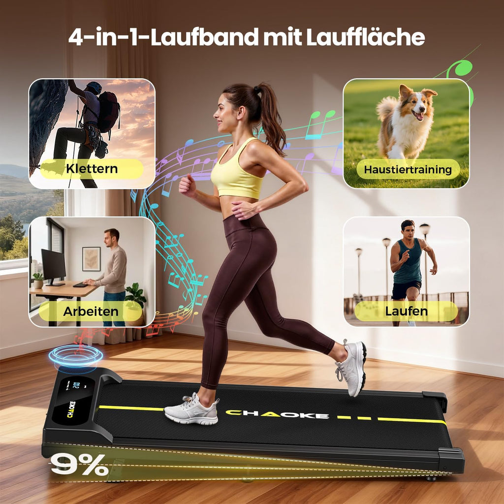 Walking Pad mit Steigung 9%, 1-10 km/h Laufband für Zuhause mit APP, 2.75HP Walking Pad Cardio für Home-Office mit Eingebaute Lautsprecher, LED-Anzeige, Leise Schreibtisch Laufband